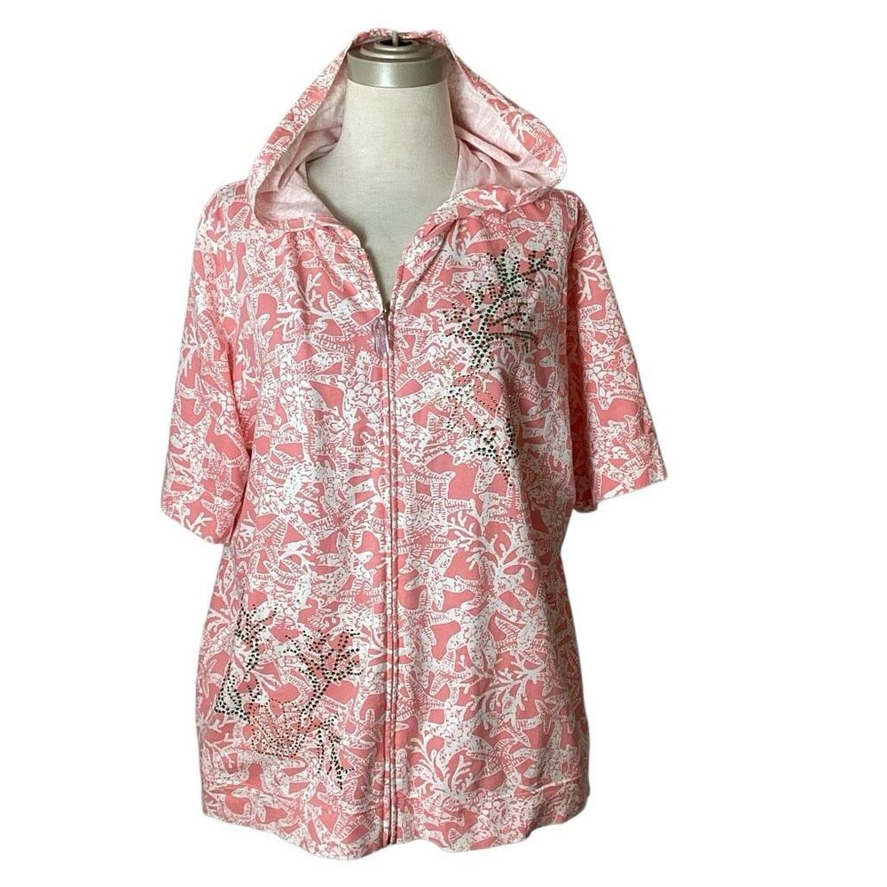 Quacker Factory Coral Starfish Full Zip Hoodie Jacket XL Rhinestone Coastal
